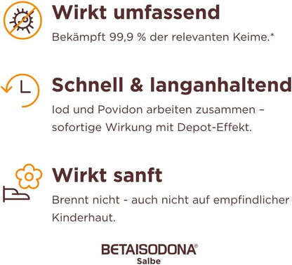 Betaisodona® Salbe 100 g – Antiseptische Wundsalbe mit Povidon-Iod – gegen 99,9% der Keime, sanft & hautverträglich – auch für Kinder ab 1 Jahr – ohne Brennen, ideal für die Hausapotheke