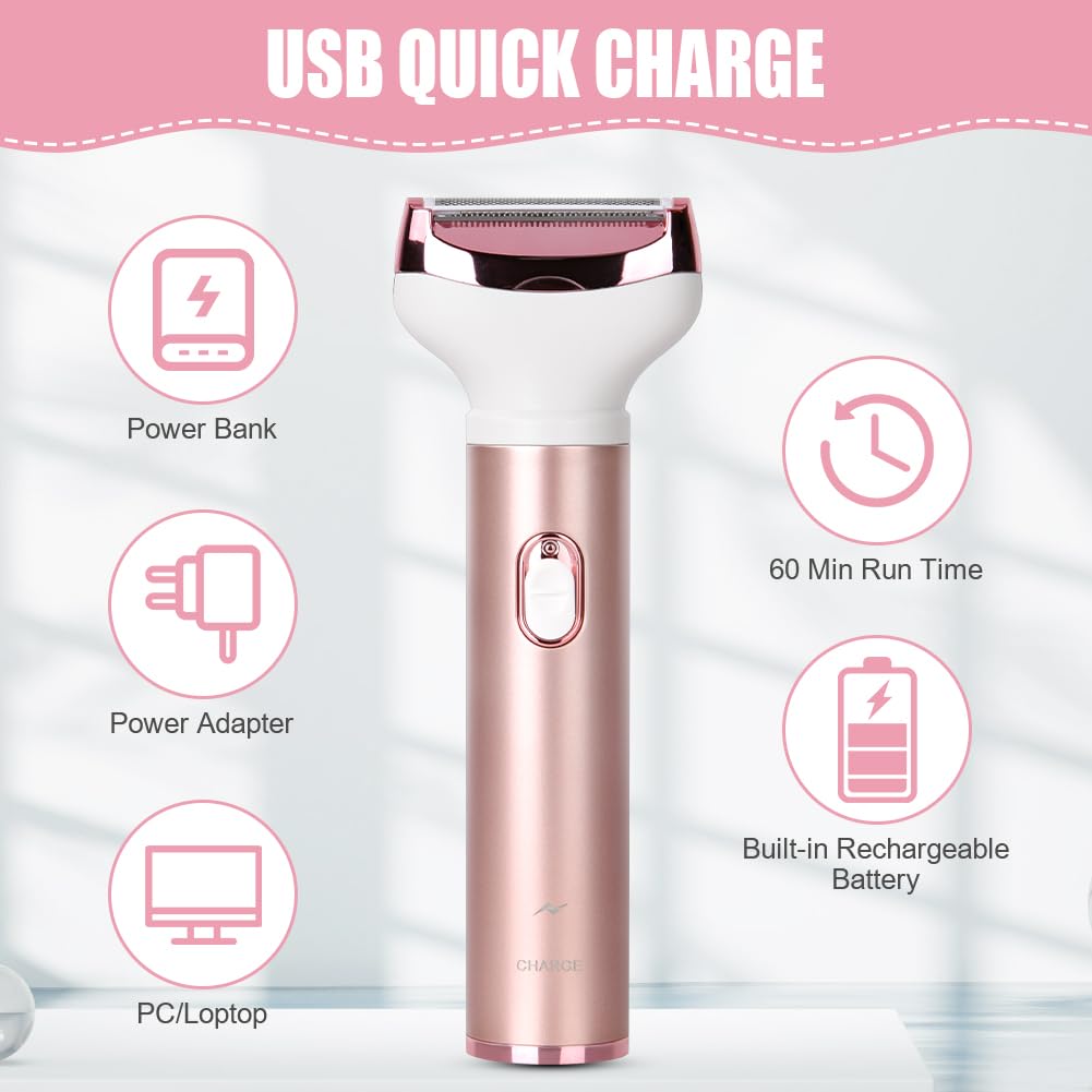 ACWOO Electric Shaver for Women, 4-in-1 Electric Women's Razor, Painless Intimate Shaver for Women, Hair Trimmer for Face, Nose, Armpits, Intimate Area, Bikini Area, USB Charging