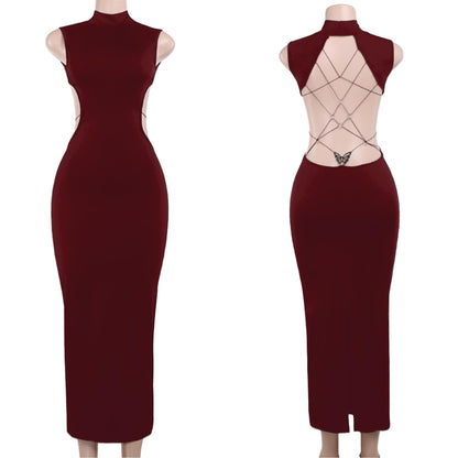 Women's Sexy Mock Neck Criss Cross Wrap Maxi Dress Silver Metal Butterfly Bodycon Long Dress Backless Party Dress