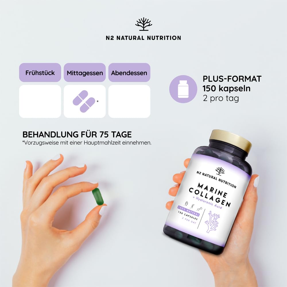 Marine collagen hydrolysate capsules high-dose hyaluronic acid, vitamin C. Joint bone and skin care, anti-ageing. Premium Peptan collagen 90 Vegetable capsules CE. N2 Natural Nutrition