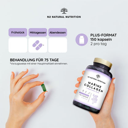 Marine collagen hydrolysate capsules high-dose hyaluronic acid, vitamin C. Joint bone and skin care, anti-ageing. Premium Peptan collagen 90 Vegetable capsules CE. N2 Natural Nutrition