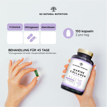 Marine collagen hydrolysate capsules high-dose hyaluronic acid, vitamin C. Joint bone and skin care, anti-ageing. Premium Peptan collagen 90 Vegetable capsules CE. N2 Natural Nutrition