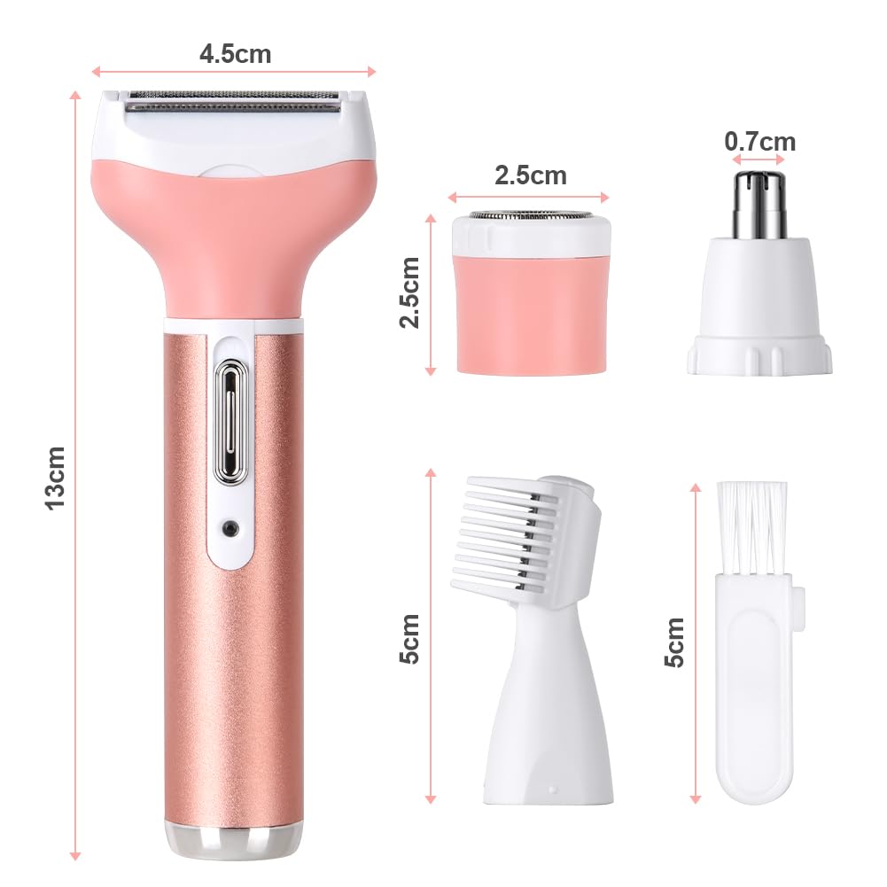 ACWOO Electric Shaver for Women, 4-in-1 Electric Women's Razor, Painless Intimate Shaver for Women, Hair Trimmer for Face, Nose, Armpits, Intimate Area, Bikini Area, USB Charging