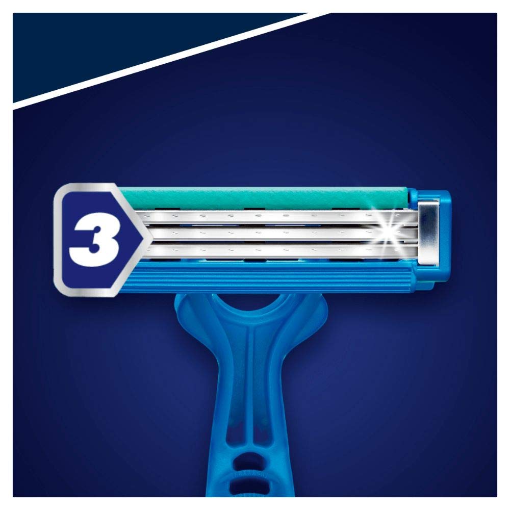 Gillette Blue3 Simple Men's Disposable Razor, 8 Razors with Triple Blade, Wet Razor with Fixed Blade Head, Moisture Strips