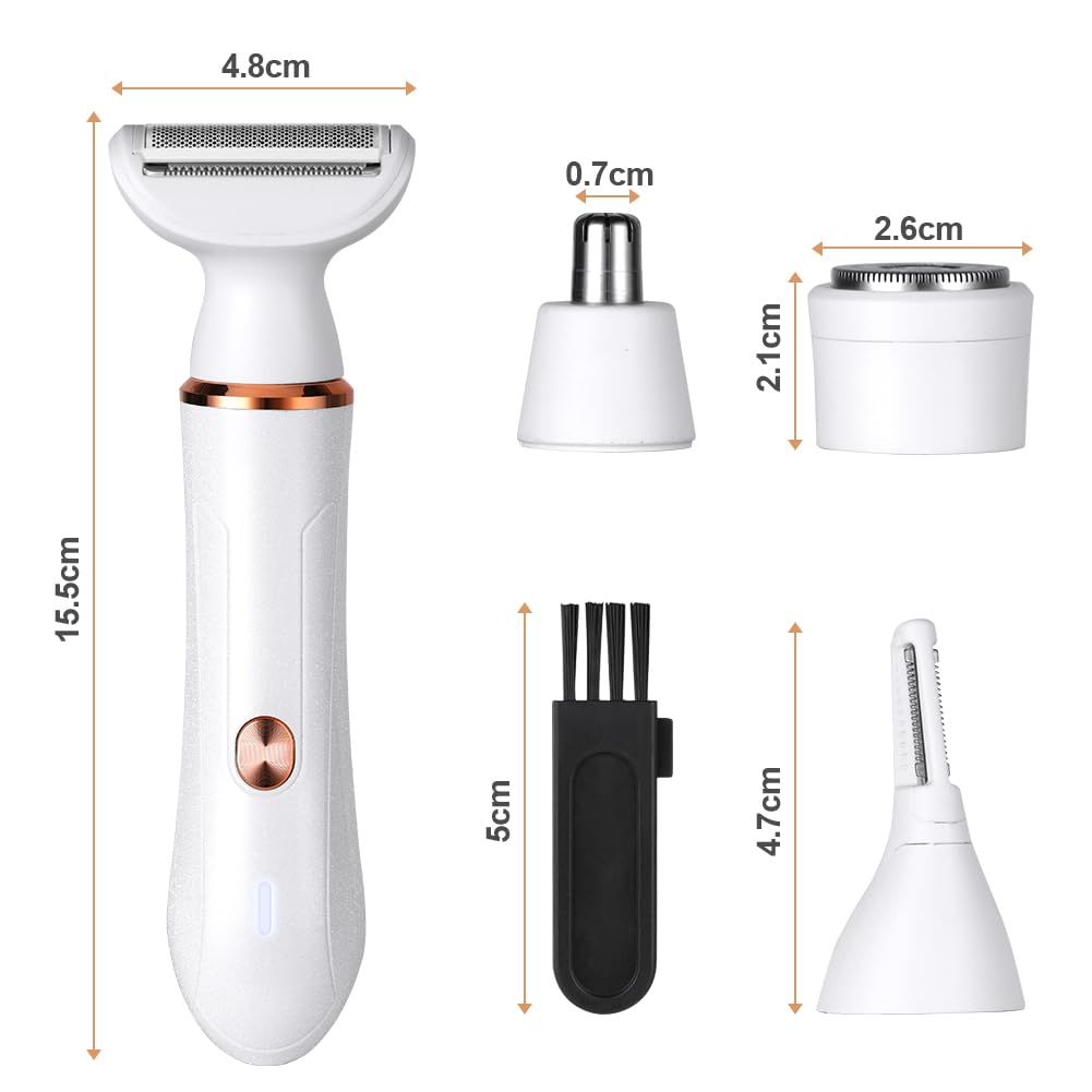 ACWOO Electric Shaver for Women, 4-in-1 Electric Women's Razor, Painless Intimate Shaver for Women, Hair Trimmer for Face, Nose, Armpits, Intimate Area, Bikini Area, USB Charging