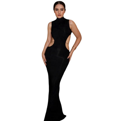 Women's Sexy Mock Neck Criss Cross Wrap Maxi Dress Silver Metal Butterfly Bodycon Long Dress Backless Party Dress