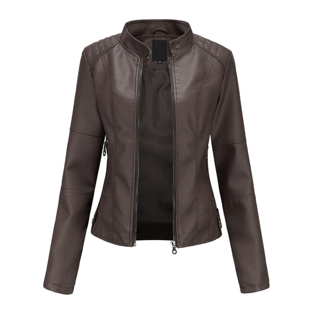 Yynuda Leather Jacket, Women's Short Jacket, Transition Jacket Made of Faux Leather, with Zip, For Autumn