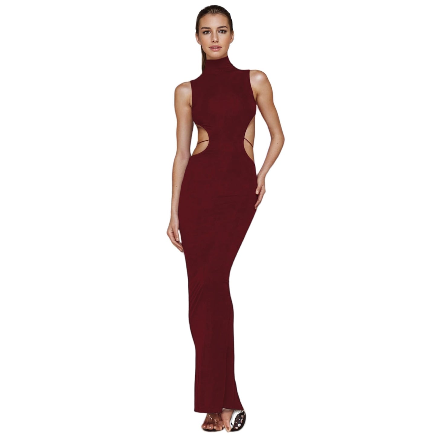 Women's Sexy Mock Neck Criss Cross Wrap Maxi Dress Silver Metal Butterfly Bodycon Long Dress Backless Party Dress