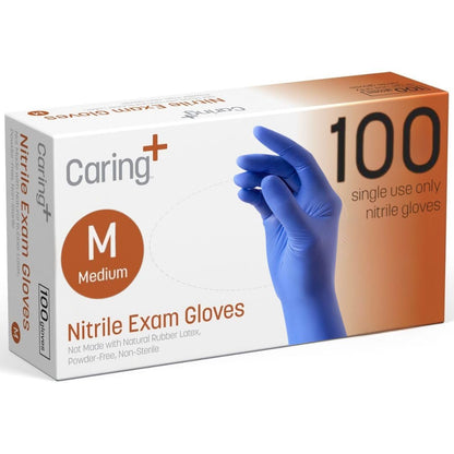 Caring Nitrile Exam Gloves, Blue, Powder-Free, Disposable Gloves for Medical Care, First Aid, Cleaning, Food Prep