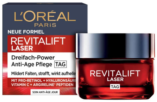 L'Oréal Paris Anti-Ageing Day Cream with Triple Power for Women, with Pro-Retinol, Hyaluronic Acid and Vitamin C - Against Wrinkles, Firming Moisturiser, Revitalift Laser 1 x 50 ml