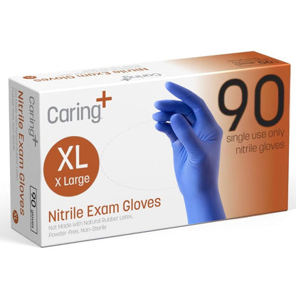 Caring Nitrile Exam Gloves, Blue, Powder-Free, Disposable Gloves for Medical Care, First Aid, Cleaning, Food Prep