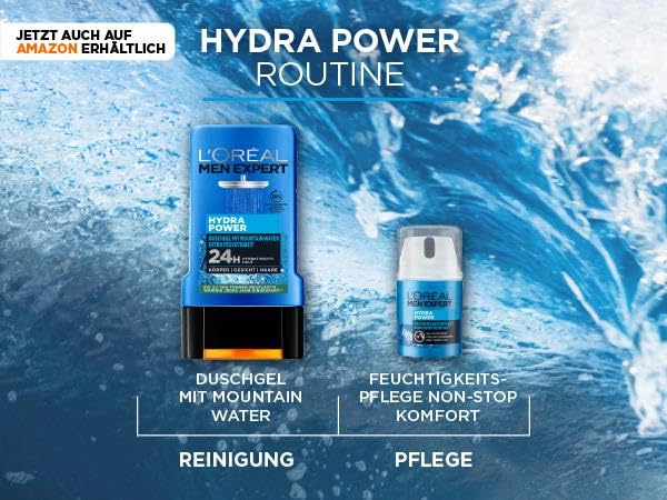L'Oréal Men Expert Duschgel und Shampoo für Männer, Duschbad zur Reinigung von Körper, Haar und Gesicht, Herren Körperpflege für hydratisierte Haut mit Mountain Water, Hydra Power, 1 x 250 ml