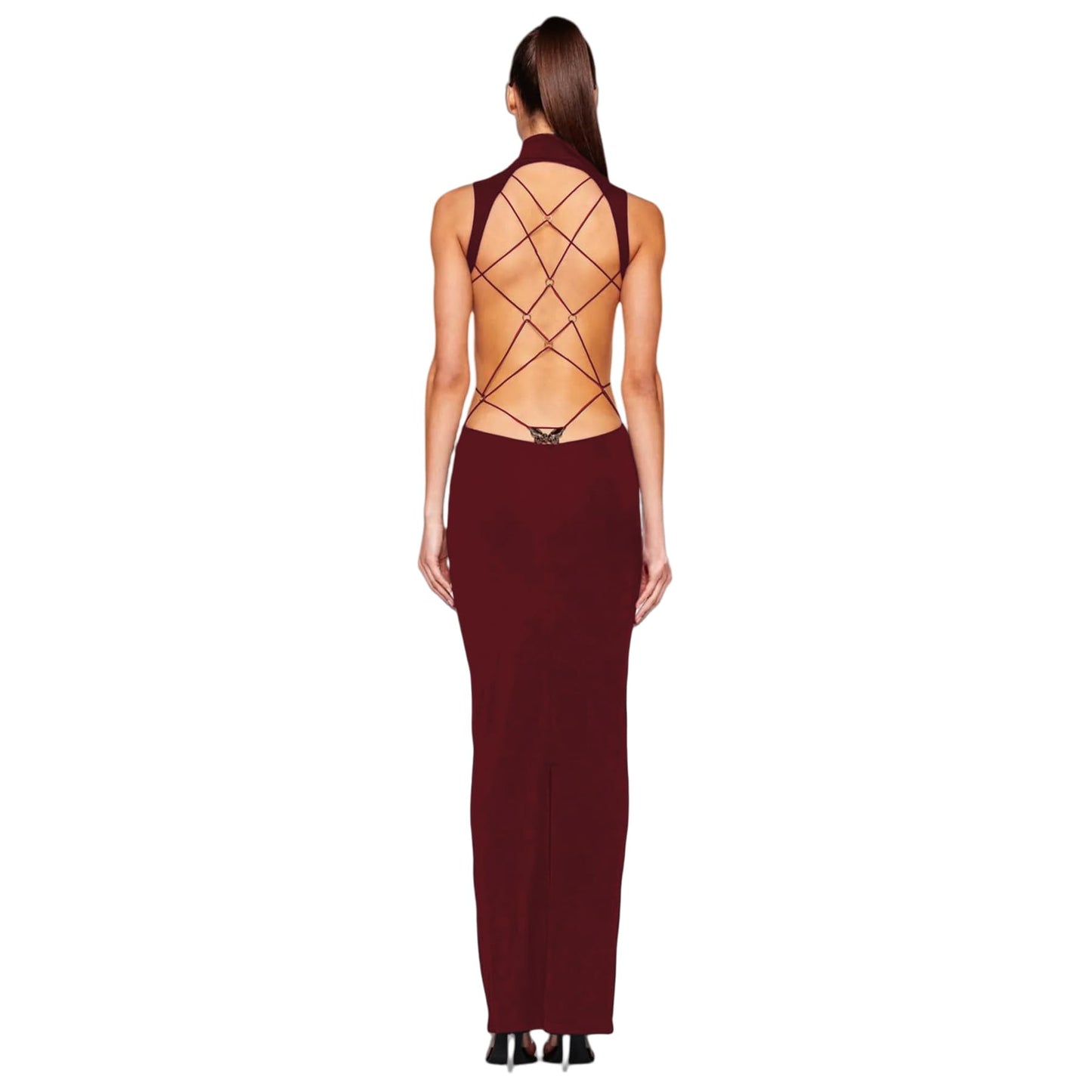 Women's Sexy Mock Neck Criss Cross Wrap Maxi Dress Silver Metal Butterfly Bodycon Long Dress Backless Party Dress