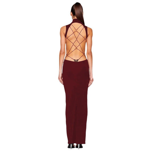 Women's Sexy Mock Neck Criss Cross Wrap Maxi Dress Silver Metal Butterfly Bodycon Long Dress Backless Party Dress