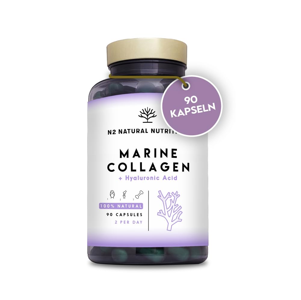 Marine collagen hydrolysate capsules high-dose hyaluronic acid, vitamin C. Joint bone and skin care, anti-ageing. Premium Peptan collagen 90 Vegetable capsules CE. N2 Natural Nutrition