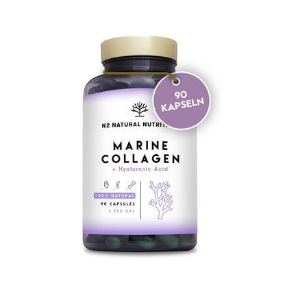 Marine collagen hydrolysate capsules high-dose hyaluronic acid, vitamin C. Joint bone and skin care, anti-ageing. Premium Peptan collagen 90 Vegetable capsules CE. N2 Natural Nutrition
