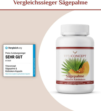 Vitaconcept | Sägepalme und Kürbiskern (5% Phytosterole) | 500 mg pro Kapsel | 120 hochdosierte Kapseln | Sägepalmenextrakt + Kürbiskernextrakt | laborgeprüft