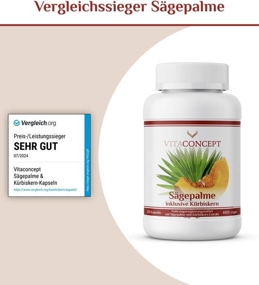 Vitaconcept | Sägepalme und Kürbiskern (5% Phytosterole) | 500 mg pro Kapsel | 120 hochdosierte Kapseln | Sägepalmenextrakt + Kürbiskernextrakt | laborgeprüft