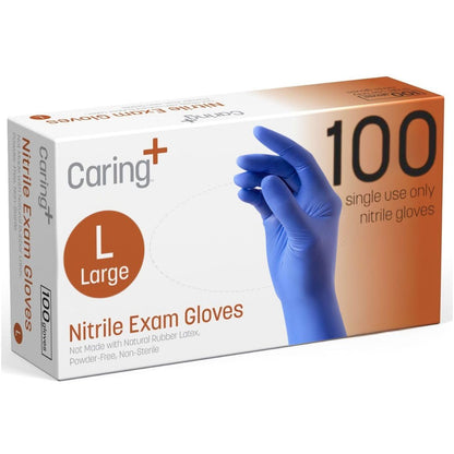 Caring Nitrile Exam Gloves, Blue, Powder-Free, Disposable Gloves for Medical Care, First Aid, Cleaning, Food Prep