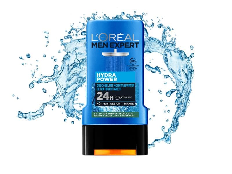 L'Oréal Men Expert Duschgel und Shampoo für Männer, Duschbad zur Reinigung von Körper, Haar und Gesicht, Herren Körperpflege für hydratisierte Haut mit Mountain Water, Hydra Power, 1 x 250 ml