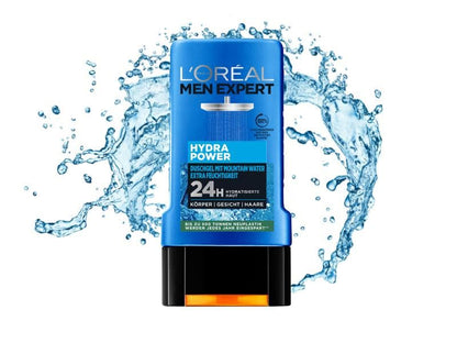 L'Oréal Men Expert Duschgel und Shampoo für Männer, Duschbad zur Reinigung von Körper, Haar und Gesicht, Herren Körperpflege für hydratisierte Haut mit Mountain Water, Hydra Power, 1 x 250 ml