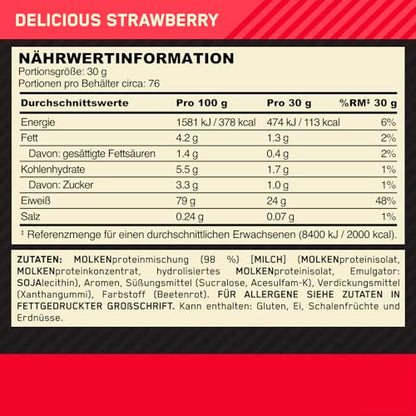 Optimum Nutrition Gold Standard 100% Whey, Proteinpulver, Geschmack Delicious Strawberry, 900g, 30 Portionen