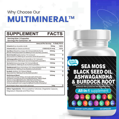 Sea Moss Fitness Burdock Multi-Mineral Vitamin Edible Supplement  Dietary, Healthcare 60 Count