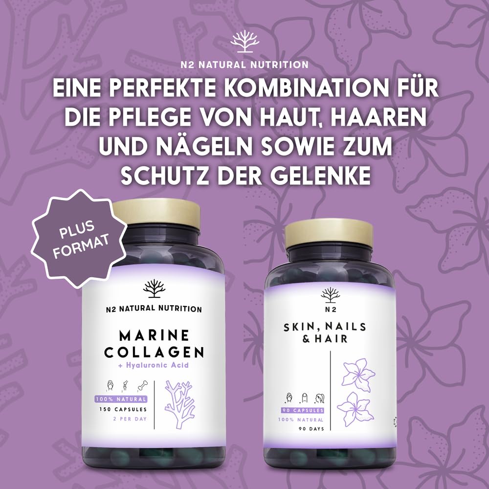 Marine collagen hydrolysate capsules high-dose hyaluronic acid, vitamin C. Joint bone and skin care, anti-ageing. Premium Peptan collagen 90 Vegetable capsules CE. N2 Natural Nutrition