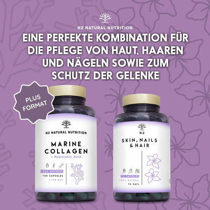 Marine collagen hydrolysate capsules high-dose hyaluronic acid, vitamin C. Joint bone and skin care, anti-ageing. Premium Peptan collagen 90 Vegetable capsules CE. N2 Natural Nutrition