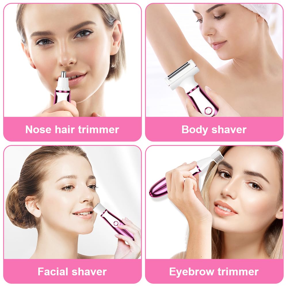 ACWOO Electric Shaver for Women, 4-in-1 Electric Women's Razor, Painless Intimate Shaver for Women, Hair Trimmer for Face, Nose, Armpits, Intimate Area, Bikini Area, USB Charging