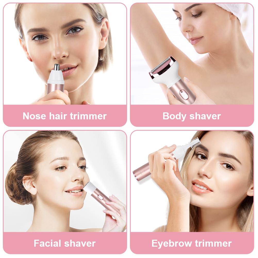 ACWOO Electric Shaver for Women, 4-in-1 Electric Women's Razor, Painless Intimate Shaver for Women, Hair Trimmer for Face, Nose, Armpits, Intimate Area, Bikini Area, USB Charging