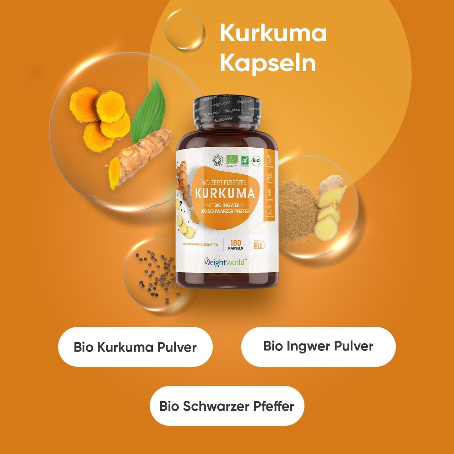 BIO Kurkuma Kapseln - Schwarzer Pfeffer & Ingwer mit Curcumin - Kurkuma und Ingwer Pulver - 180 Kapseln - Vegan - WeightWorld