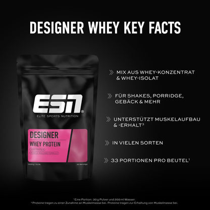 ESN Premium Designer Whey Protein Pulver, Cherry Yogurt, 1 kg, bis zu 23 g Protein pro Portion, ideal zum Muskelaufbau und -erhalt - made in Germany