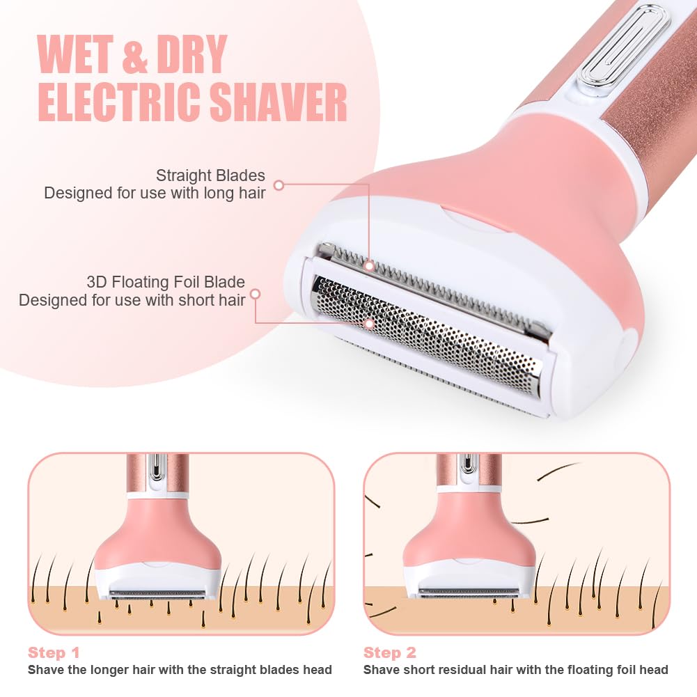 ACWOO Electric Shaver for Women, 4-in-1 Electric Women's Razor, Painless Intimate Shaver for Women, Hair Trimmer for Face, Nose, Armpits, Intimate Area, Bikini Area, USB Charging