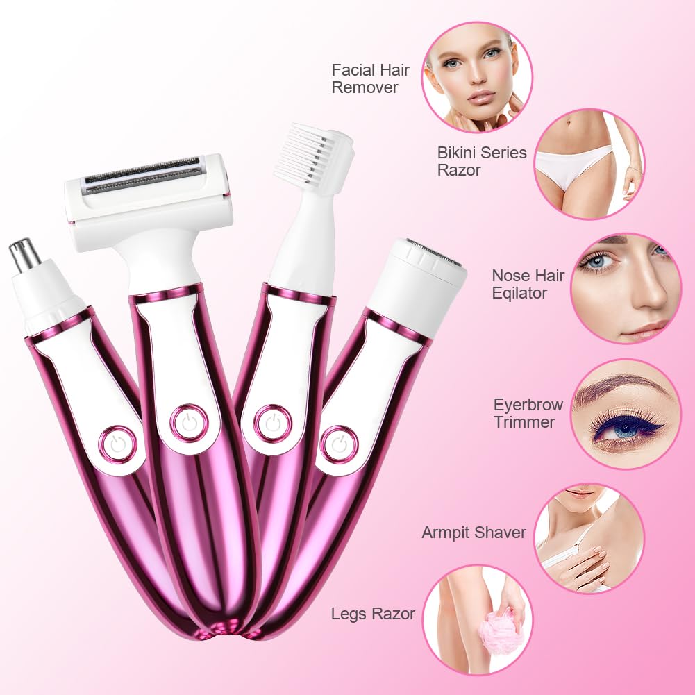 ACWOO Electric Shaver for Women, 4-in-1 Electric Women's Razor, Painless Intimate Shaver for Women, Hair Trimmer for Face, Nose, Armpits, Intimate Area, Bikini Area, USB Charging
