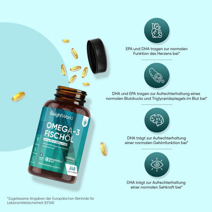 Omega 3 Weich-kapseln - 2000mg Fischöl mit 1100mg Omega-3, 660mg EPA & 440mg DHA pro Portion - 240 Softgels - EPA & DHA tragen zur normalen Herzfunktion bei (EFSA) - fish oil - WeightWorld