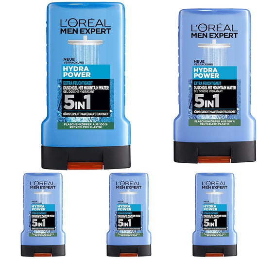 L'Oréal Men Expert Duschgel und Shampoo für Männer, Duschbad zur Reinigung von Körper, Haar und Gesicht, Herren Körperpflege für hydratisierte Haut mit Mountain Water, Hydra Power, 1 x 250 ml