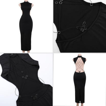 Women's Sexy Mock Neck Criss Cross Wrap Maxi Dress Silver Metal Butterfly Bodycon Long Dress Backless Party Dress