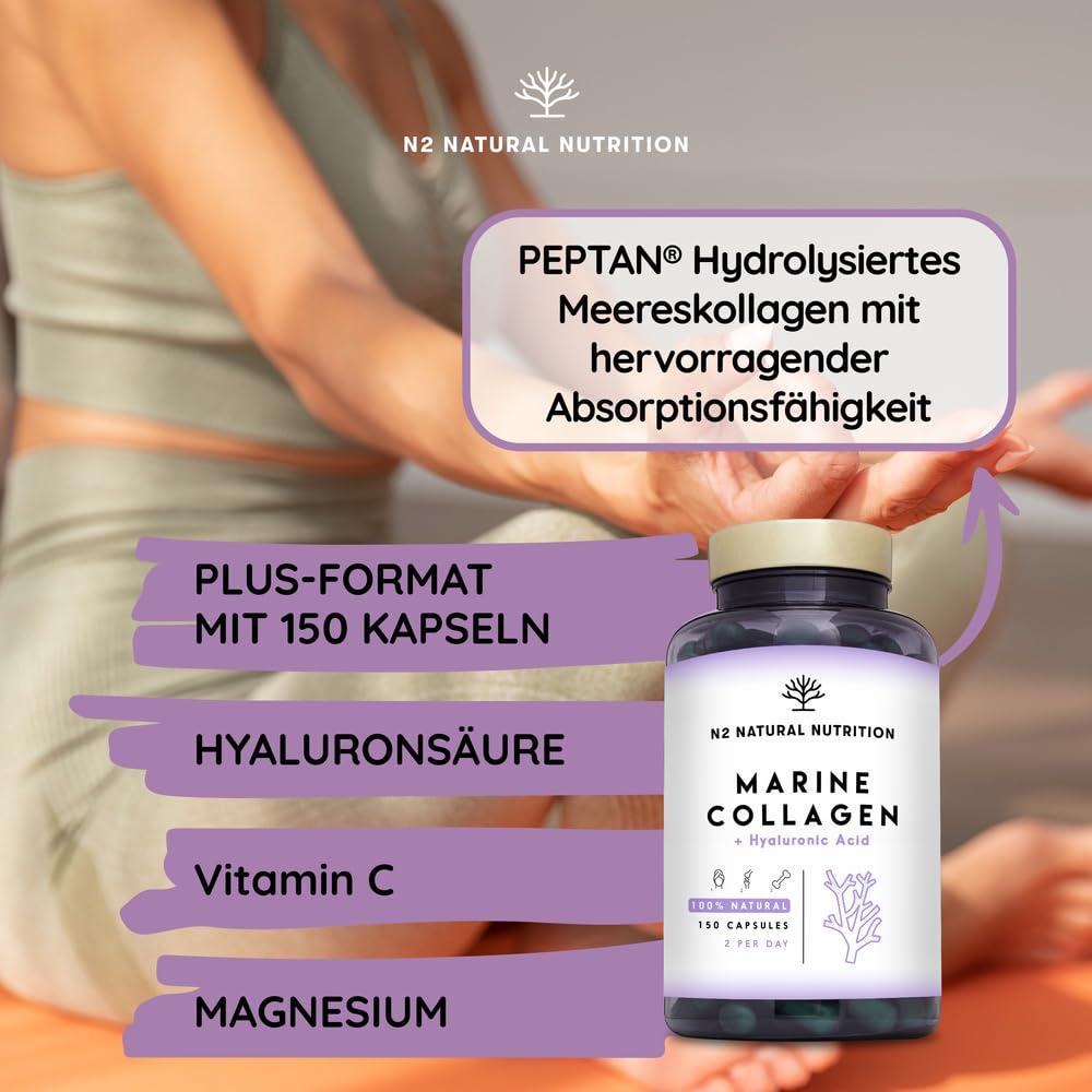 Marine collagen hydrolysate capsules high-dose hyaluronic acid, vitamin C. Joint bone and skin care, anti-ageing. Premium Peptan collagen 90 Vegetable capsules CE. N2 Natural Nutrition