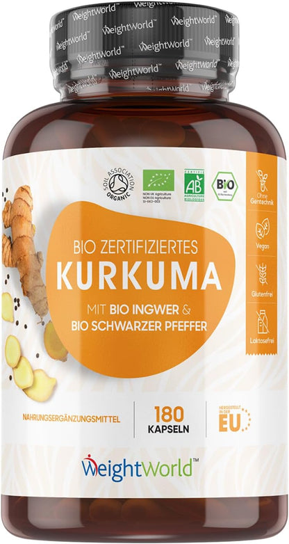 BIO Kurkuma Kapseln - Schwarzer Pfeffer & Ingwer mit Curcumin - Kurkuma und Ingwer Pulver - 180 Kapseln - Vegan - WeightWorld
