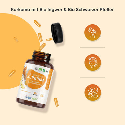 BIO Kurkuma Kapseln - Schwarzer Pfeffer & Ingwer mit Curcumin - Kurkuma und Ingwer Pulver - 180 Kapseln - Vegan - WeightWorld