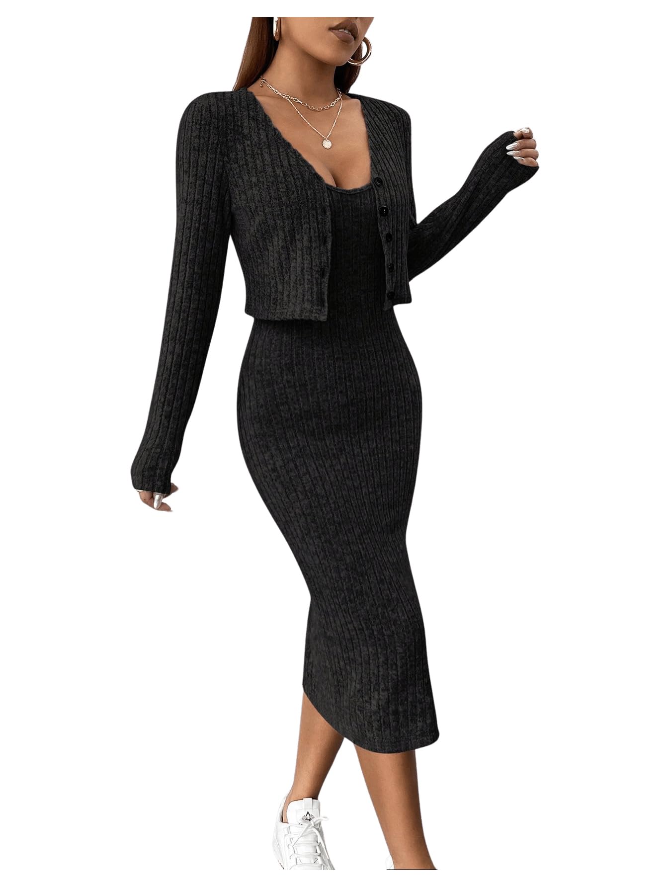 GORGLITTER Rib Knit Dress Women's Dress with Jacket Set Elegant Two Piece Cami Dress with Slit 2-Piece Dress