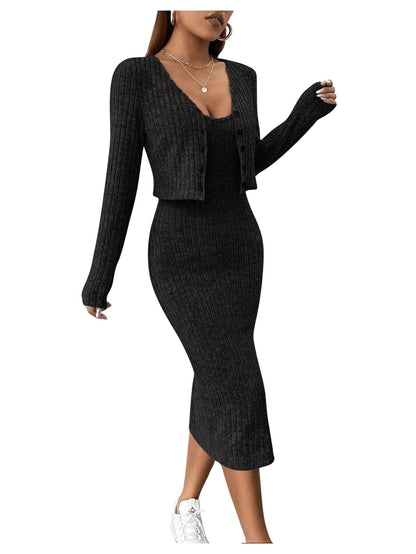 GORGLITTER Rib Knit Dress Women's Dress with Jacket Set Elegant Two Piece Cami Dress with Slit 2-Piece Dress