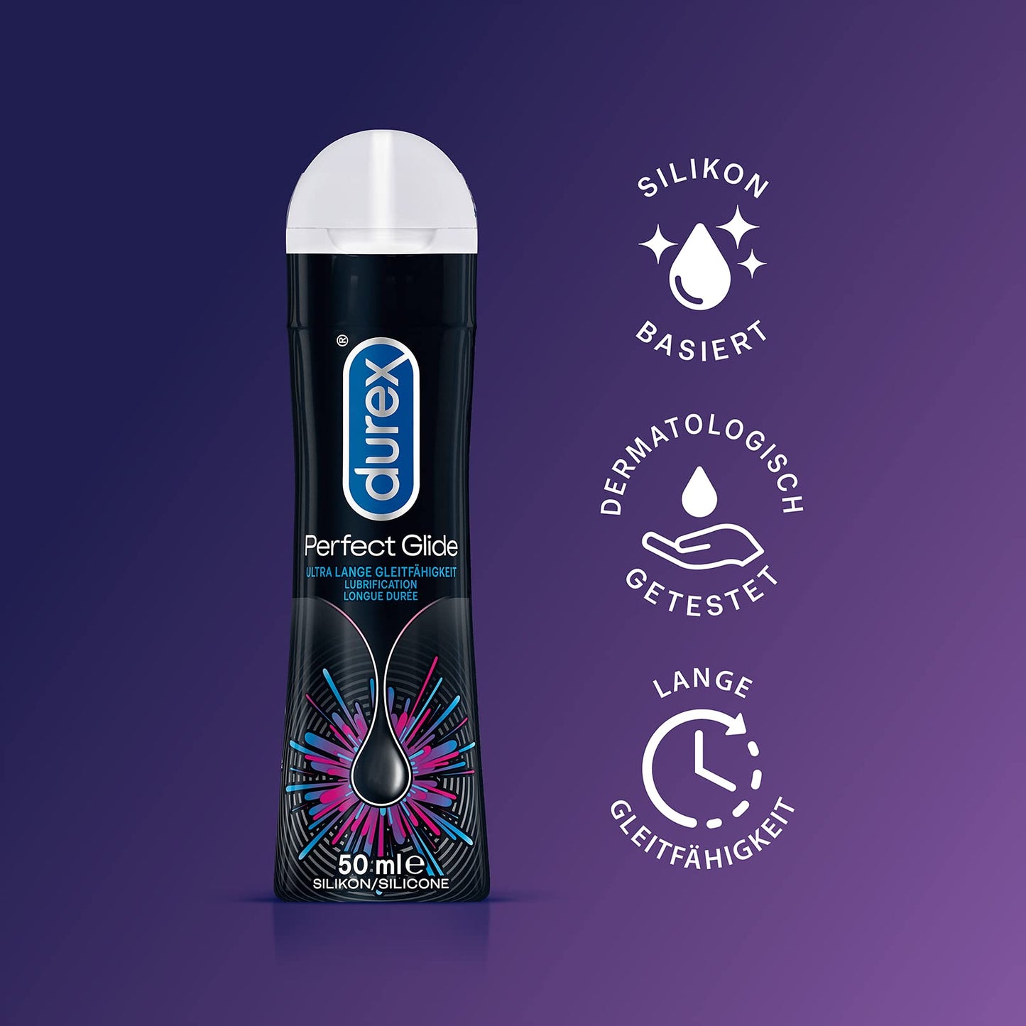 Durex Perfect Glide Lubricant, Silicone-Based Gel, Long-Lasting, Ideal for Anal Sex, 2 x 100 ml