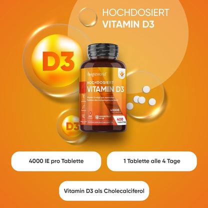 Vitamin D3 4000 IE - 400 Tabletten (1 Tablette alle 4 Tage) - Sonnenvitamin - Frei von Magnesiumstearat, Ohne Gentechnik, Vegatarisch - Cholecalciferol Vitamin D von WeightWorld