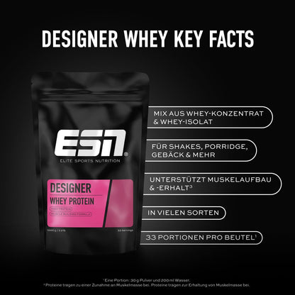 ESN Premium Designer Whey Protein Pulver, Cherry Yogurt, 1 kg, bis zu 23 g Protein pro Portion, ideal zum Muskelaufbau und -erhalt - made in Germany