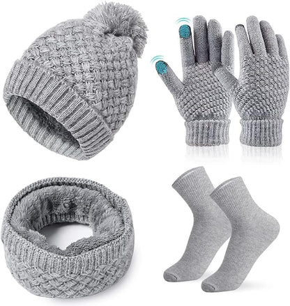 Scarf Hat Gloves Set Women's Winter Knitted Hat Scarf Set with Touchscreen Gloves Cotton Socks, Soft and Warm Beanie Ski Hat Scarf Gift Set for Women Outdoor Sports 4 in 1 Set