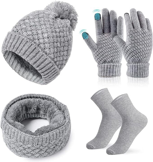 Scarf Hat Gloves Set Women's Winter Knitted Hat Scarf Set with Touchscreen Gloves Cotton Socks, Soft and Warm Beanie Ski Hat Scarf Gift Set for Women Outdoor Sports 4 in 1 Set