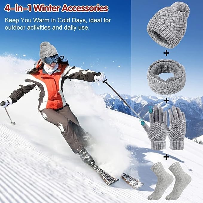 Scarf Hat Gloves Set Women's Winter Knitted Hat Scarf Set with Touchscreen Gloves Cotton Socks, Soft and Warm Beanie Ski Hat Scarf Gift Set for Women Outdoor Sports 4 in 1 Set