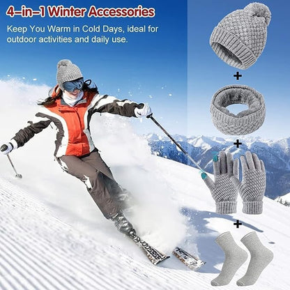 Scarf Hat Gloves Set Women's Winter Knitted Hat Scarf Set with Touchscreen Gloves Cotton Socks, Soft and Warm Beanie Ski Hat Scarf Gift Set for Women Outdoor Sports 4 in 1 Set